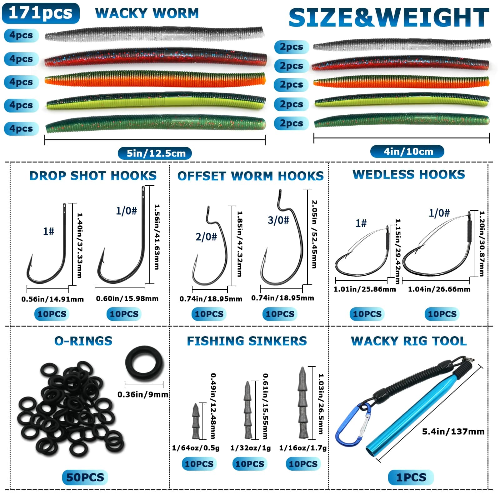 Wacky Rig Kit mit Haken, Würmern und O-Ringen