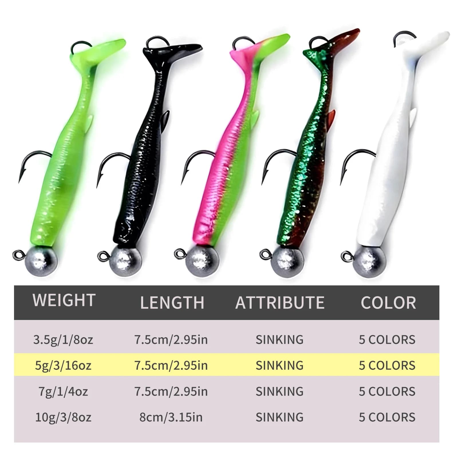 Weiche Paddle-Tail-Swimbait-Köder mit Doppelhaken, 5er-Pack