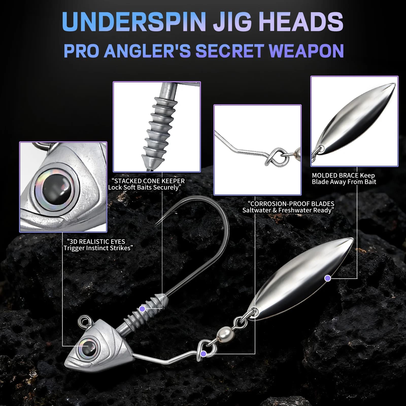 6 Stk. Underspin-Jigköpfe mit Spinnerblatt