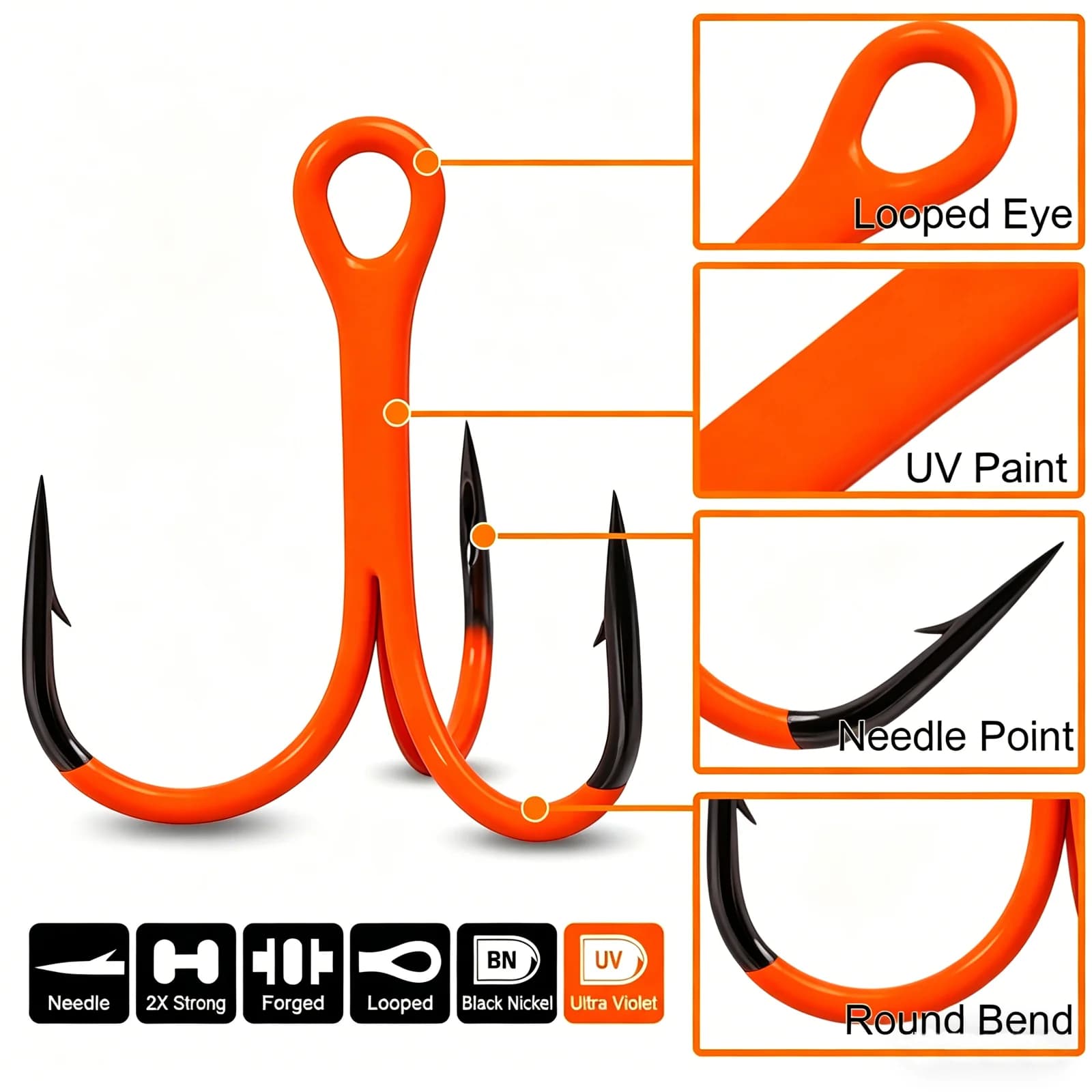 Orange UV-starke Drillinge Angelhaken