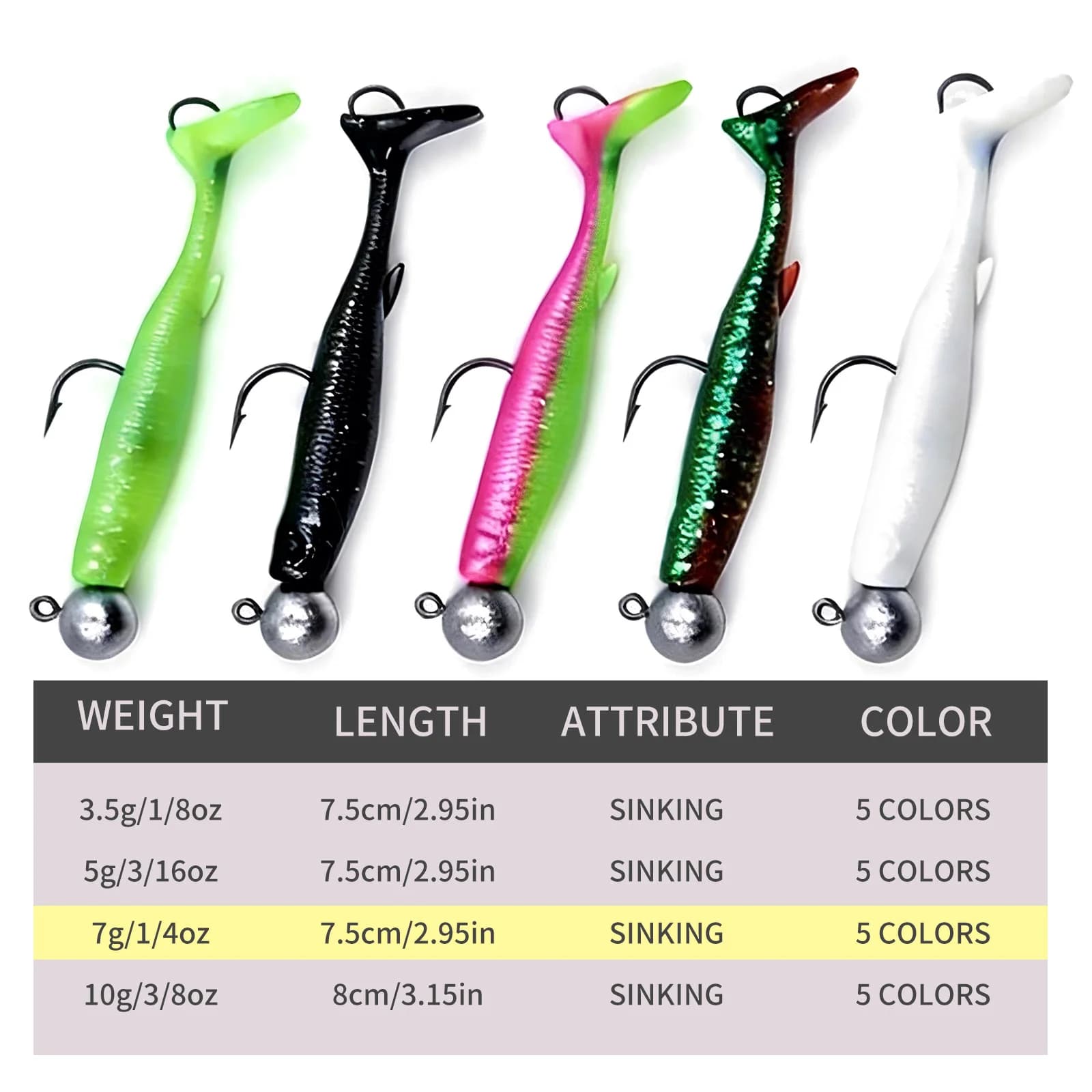 Weiche Paddle-Tail-Swimbait-Köder mit Doppelhaken, 5er-Pack